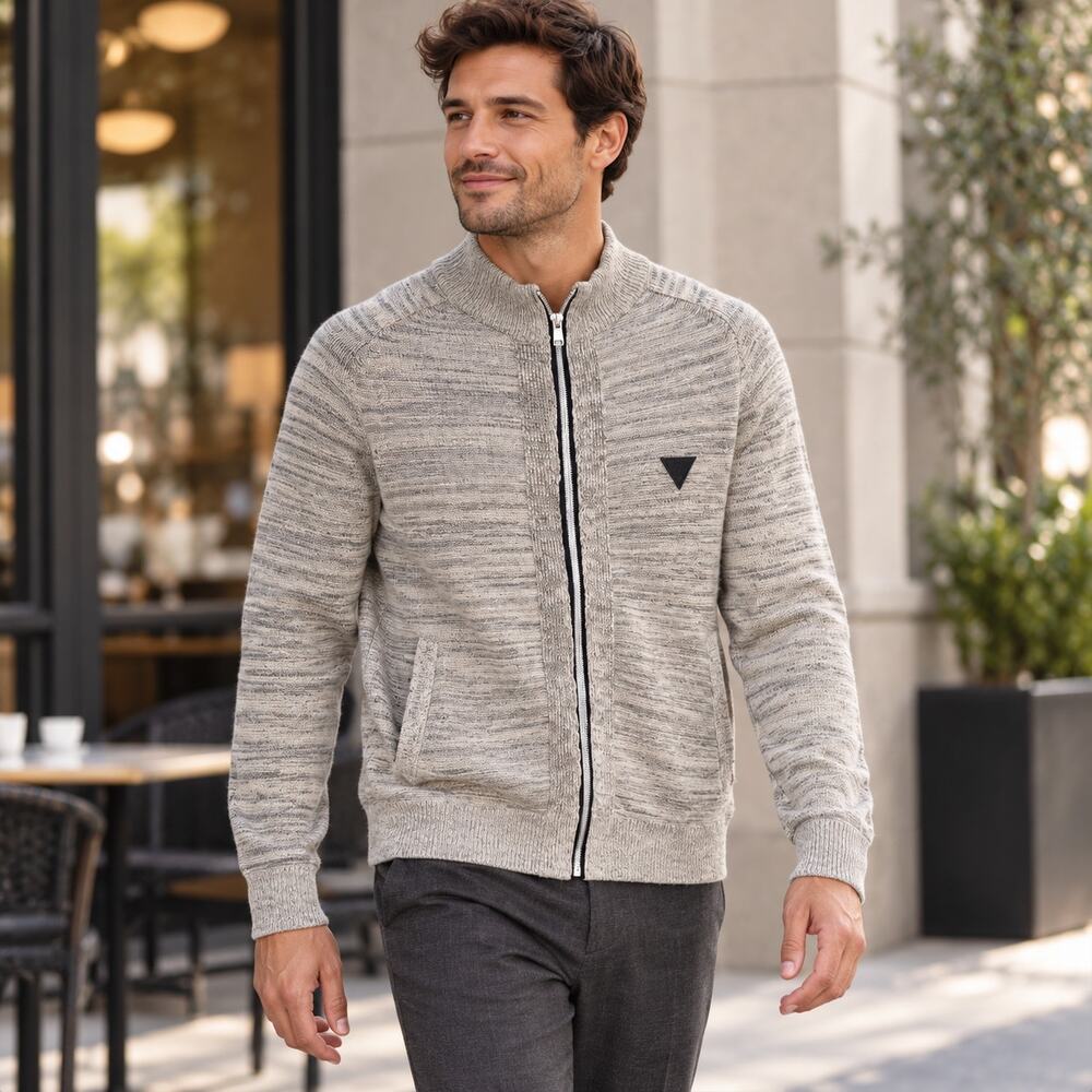 Gray Marled Full Zip Sweater Mens XL GUESS Minimalist Preppy